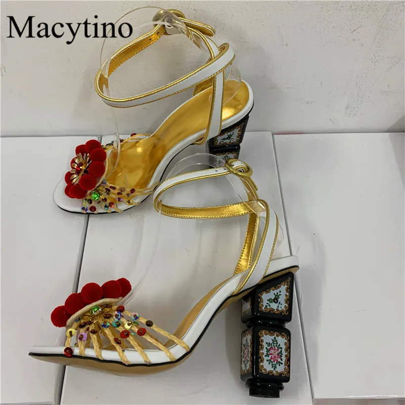 Building Block Heel Design Ladies Slippers Round Toe Flower Decor High Heel Chunky Heel Summer Fashion Party Sandals