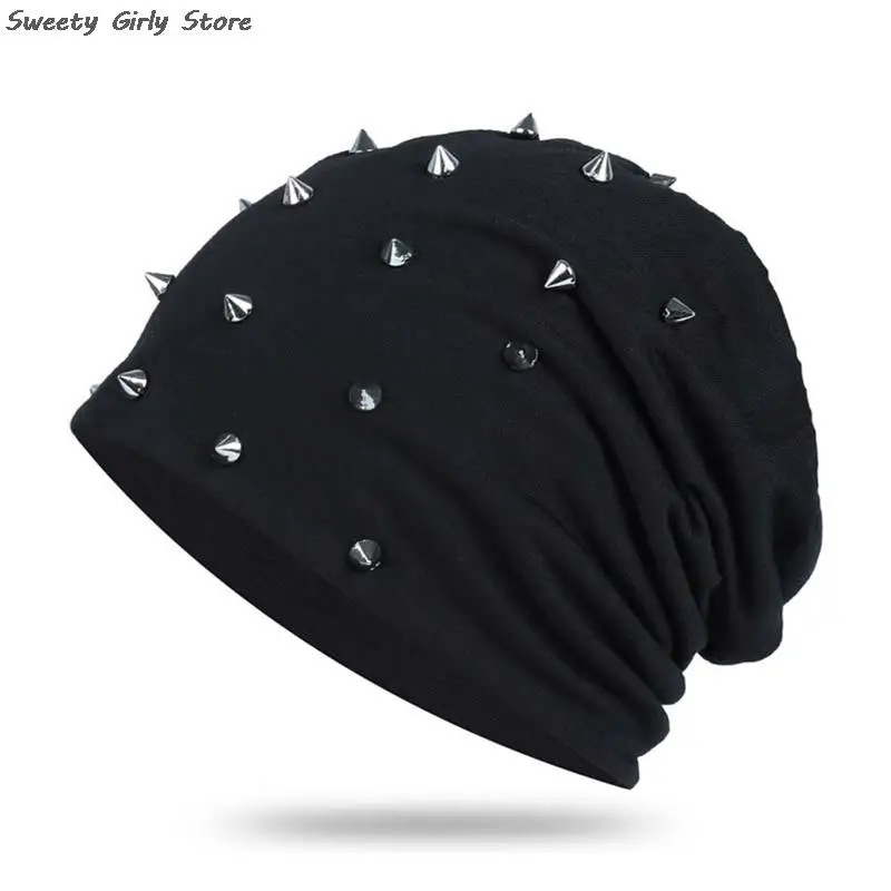 Women Rivet Beanies Hats Rock Punk Bonnet Hat Comfortable Slouchy Skullies Hat Female Baggy Cap Street Fashion Casual Gorras 