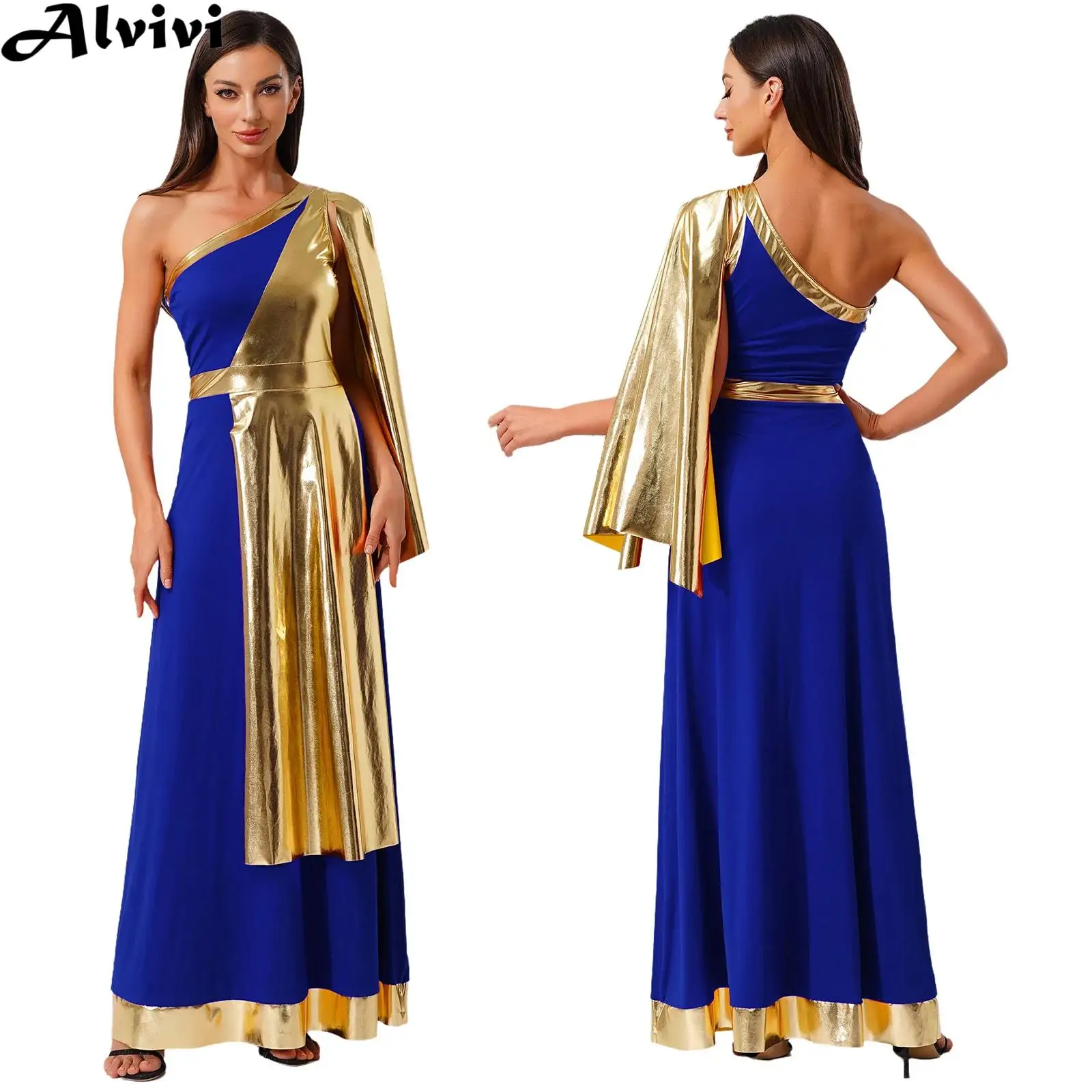 Women One Shoulder with Drape Toga Tunic Robe Dress Halloween Party Ancient Greek Roman Goddesses Princess Queen Cosplay Costume