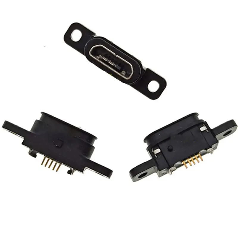 2 قطعة مايكرو USB 5pin شحن مقبس متفرع حوض ميناء 5P IP67 موصل سالب مقاوم للماء مع ثقب المسمار