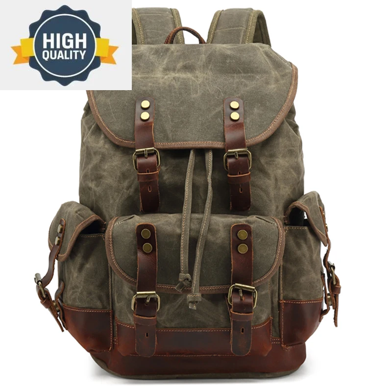 

Waterproof Waxed Vintage Canvas Backpack For Men Leather School Bags Fashion Daypack women Laptop bagpack Bag Rucksack