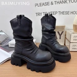 Platform Snow Ankle Boots for Women Chunky Leather Shoes Woman 2024 Trend Winter New Sneakers Goth Motorcycle Botas De Mujer