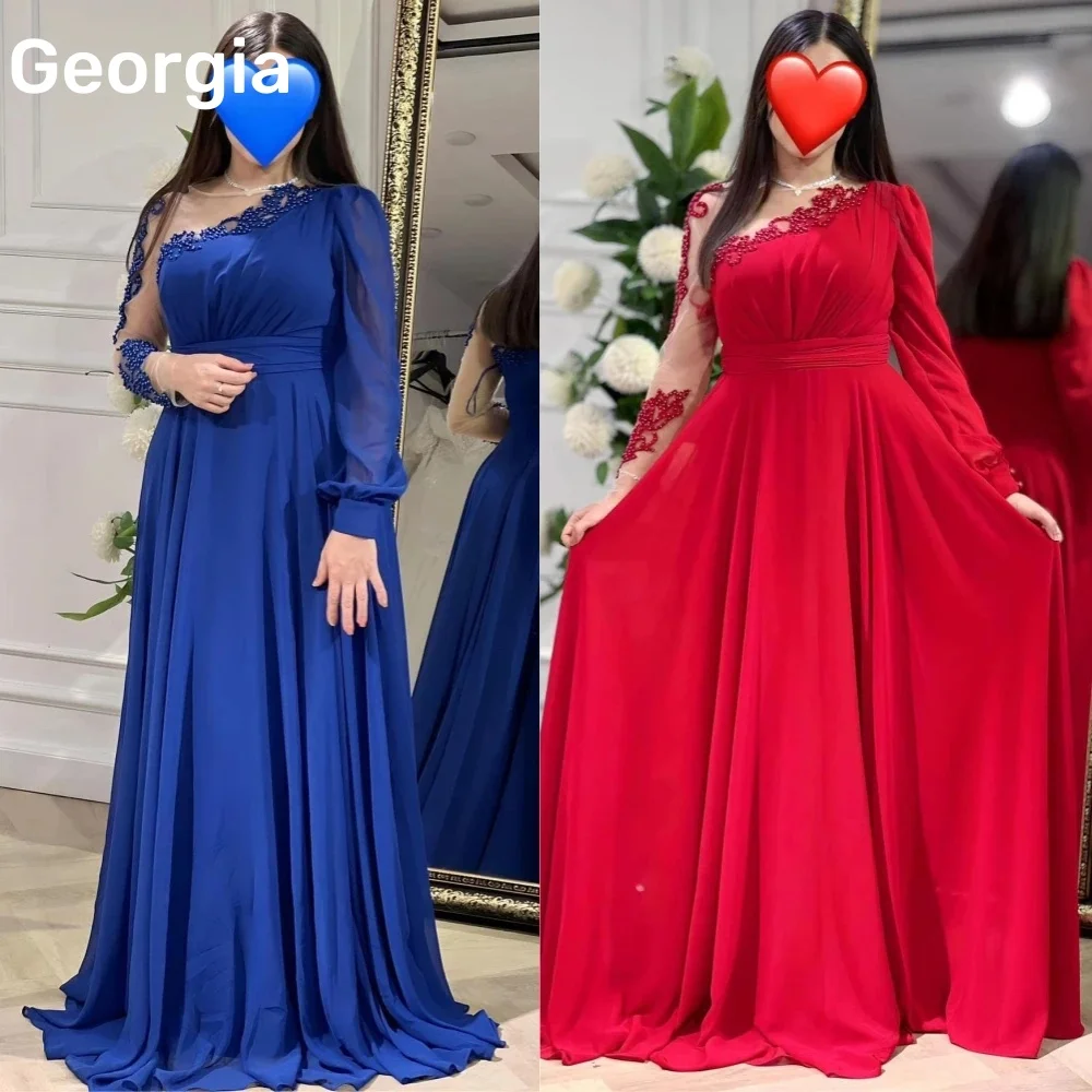 

Customized Prom Dresses A-Line Prom Dresses Puffy Sleeves Beading Chiffon Blue Dress Women Evening Gowns Formal Slit Party Dress