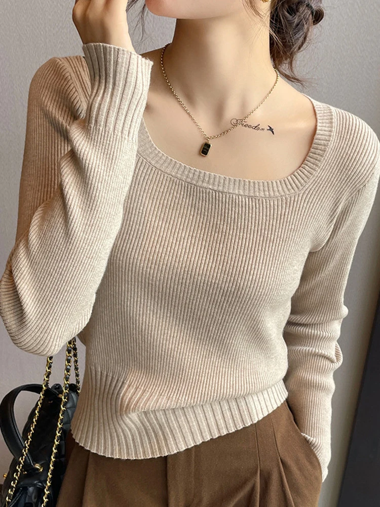

2024 New Solid Basic Sweater Women Square Collar Knitted Pullovers Long Sleeve Knitwear Tops Autumn Winter Fashion Slim Jumpers