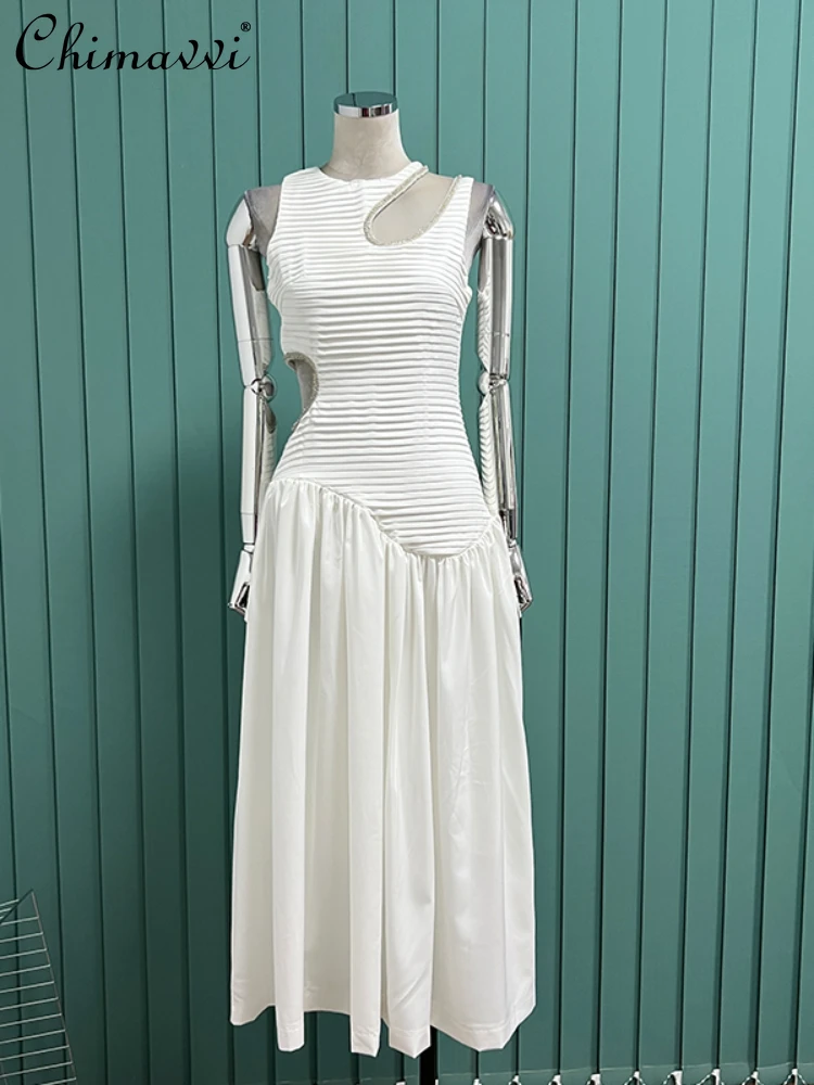 

Fashion Solid Color High Waist Round Neck Sleeveless Women's A-Line Dress 2023 Summer British Style Hollow Trim Slimming Dress