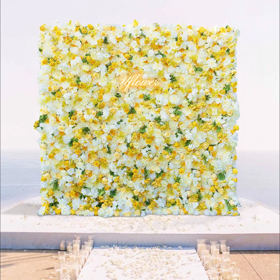 Wedding Yellow White Rose 5D Artificial Flower Wall Row Flower Arch Backdrop Fake Floral Event Party Prop Floral Arrangement