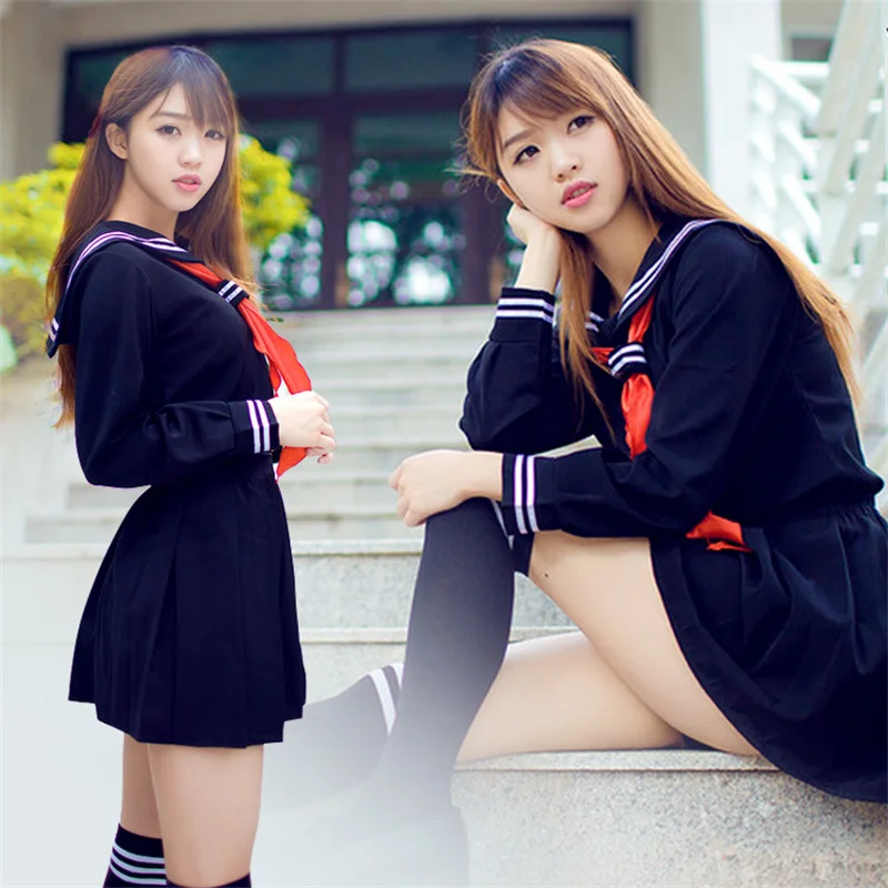 Uniformes escolares japoneses para meninas, uniforme JK preto e branco, manga comprida, conjuntos de marinheiro, saia plissada, traje COS, verão