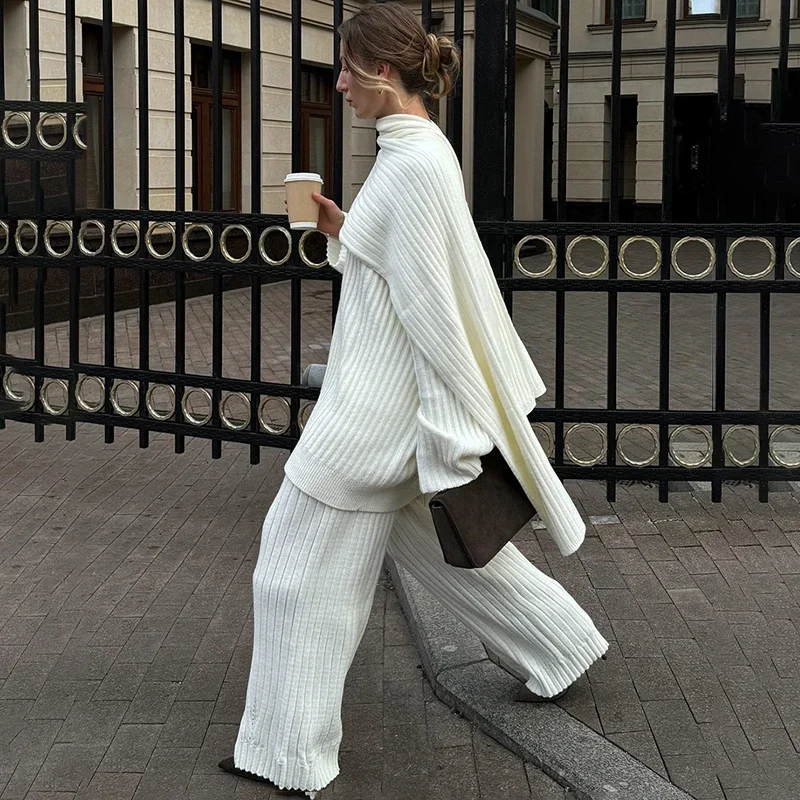 Pantaloni da donna Abito maglione con scollo a V Pullover larghi a costine Pantaloni casual solidi Abiti da pendolarismo in maglia femminile 2025 Moda