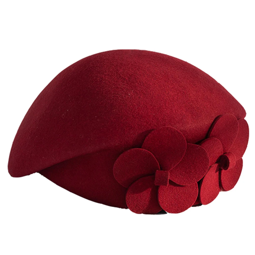 

1pc Warm Beret Woolen Hat Ladies British Style Fashion Decorative Flowers Knitted Women Girls French Lattice Red
