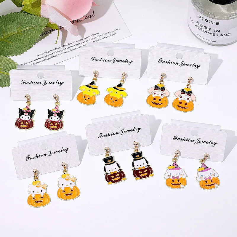 MINISO Halloween 925 Silver Needle Earrings Girl Heart Cartoon Trio Kuromi Melody Earrings Needle Earrings Halloween Gifts