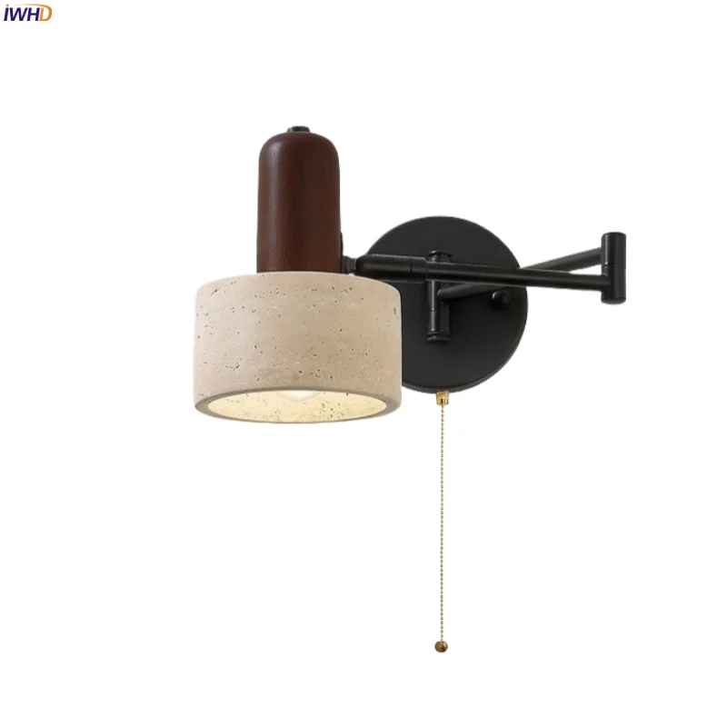 

IWHD Nordic Minimalism LED Wall Light Yellow Travertine Pull Chain Switch Swing Long Arm Living Room Decor Bedside Lamp Wandlamp