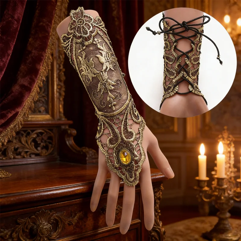 Black Gold Lace Arm Cuff Steampunk Gothic Fingerless Glove & Bracelet, Adjustable Fit for Raves, Costumes or Edgy Everyday Style