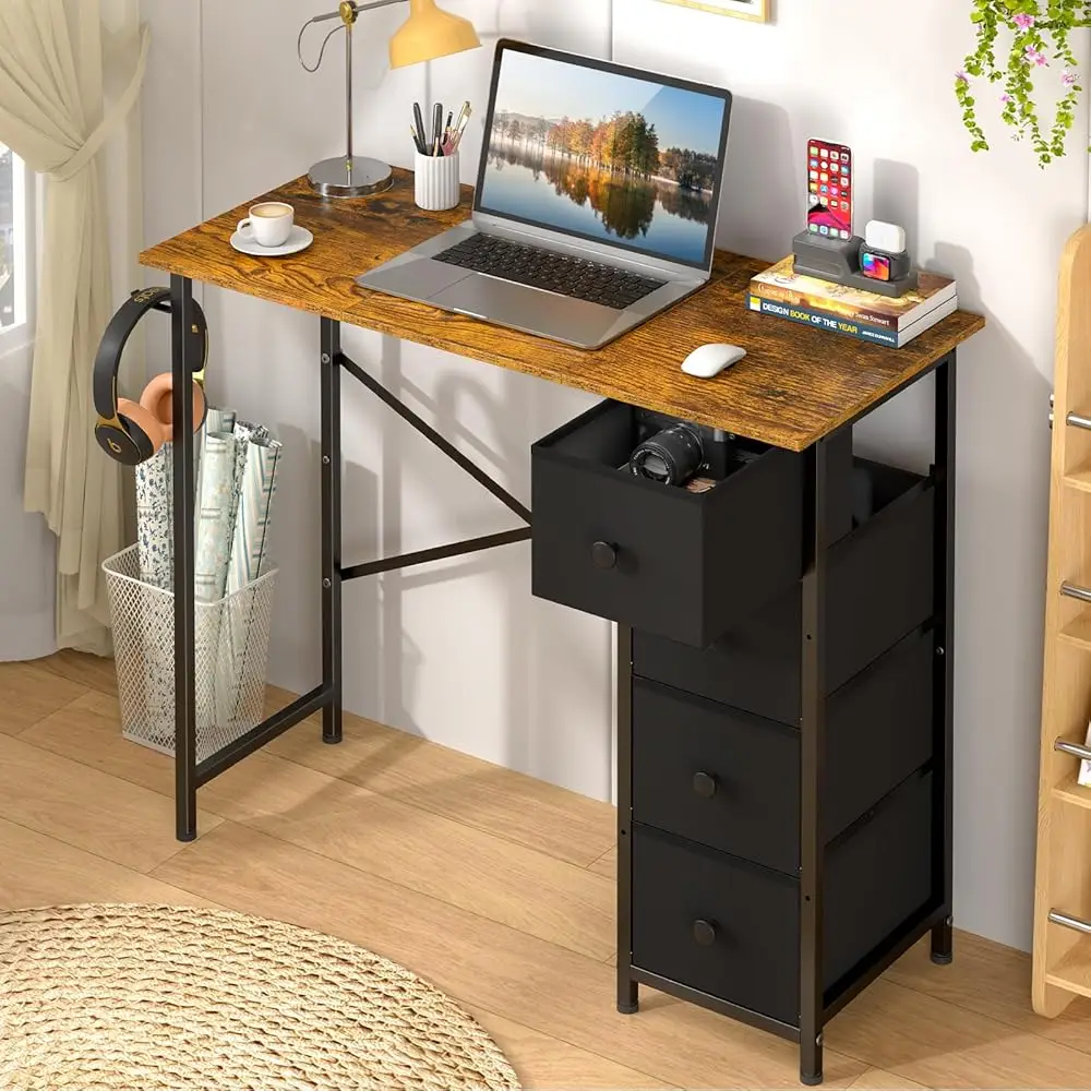 

Computer Desk With 4 Fabric Drawers, 35.4 H Small Home Office Writing Desk, Simple Table Pc Desk For Small Places, Kids Girls