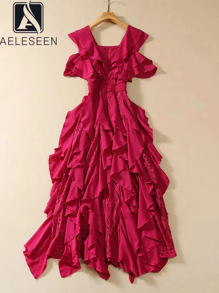 

AELESEEN Designer Fashion Summer Dress Women's Off The Shoulder Red Square Collar Ruffles Lace Patchwork Pink Irregular Long