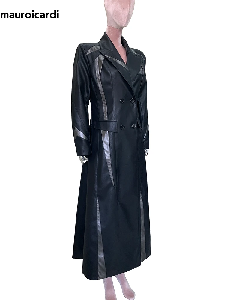 

Mauroicardi Spring Autumn Extra Long Fitted Patchwork Pu Leather Coat Women Shoulder Pads Runway European Fashion Overcoat 2025