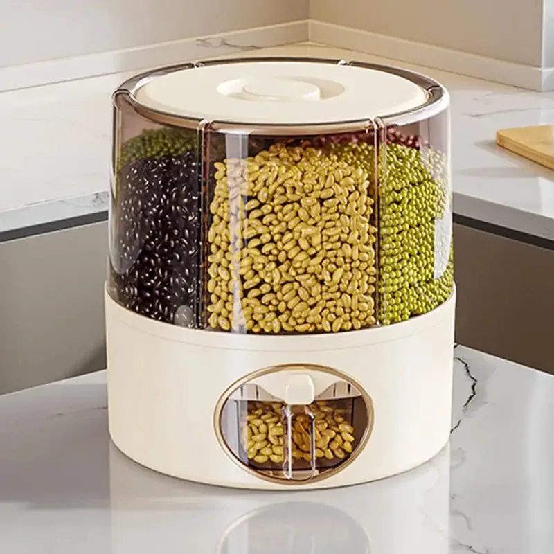 One-Click Output Rice Storage Dispenser 6-Grid RiceFood Grain Storage Container 6-Grid Rice Dispenser Kitchen Storage Bucket