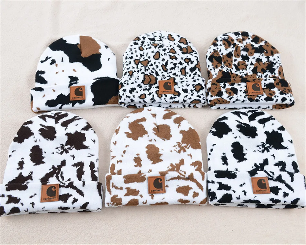 Cowprint Kids Adult Mommy and Me Beanies Knit Hat Double Layer Hem Wool Cap Hat Cheetah Print Beanies