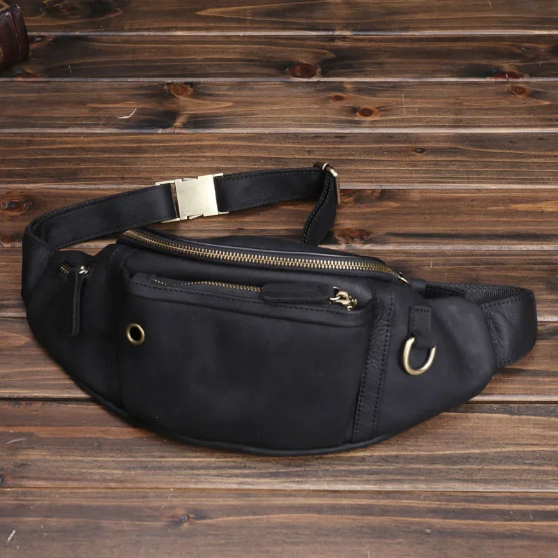 Saco de peito diagonal de couro cavalo louco masculino Camada Baotou, couro de couro celular Fanny Pack, grande capacidade, esportes, homens