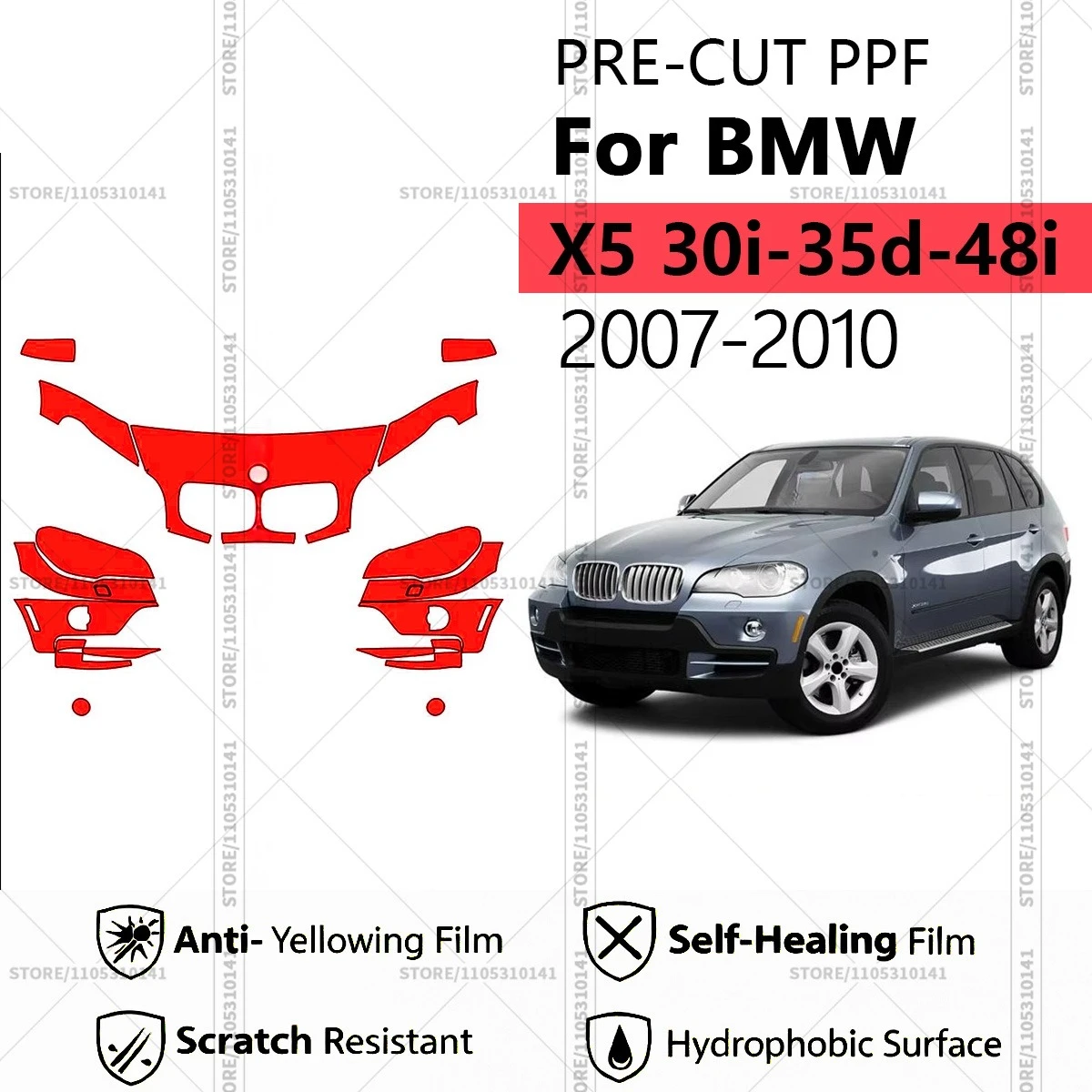 

Для BMW X5 30i-35d-48i 2007-2010: Профессиональный комплект прозрачной защитной пленки (PPF) для автомобиля, предварительно вырезанная пленка для защиты кузова, передний комплект.
