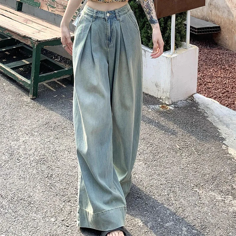 Blue Vintage Lady High Waisted Slouchy Baggy Jeans Spring Women Clothing Pleated Fashion Casual Streetwear Denim Wide Leg Pants