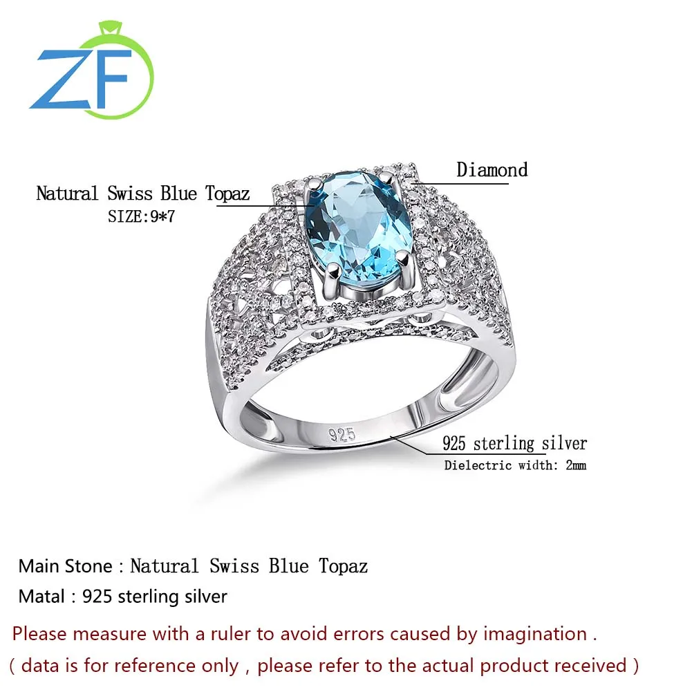 GZ ZONGFA Natural Blue Topaz Ring with Diamond Gemstone Dainty 925 Sterling Silver Real Diamond Ring for Women Fine Jewelry