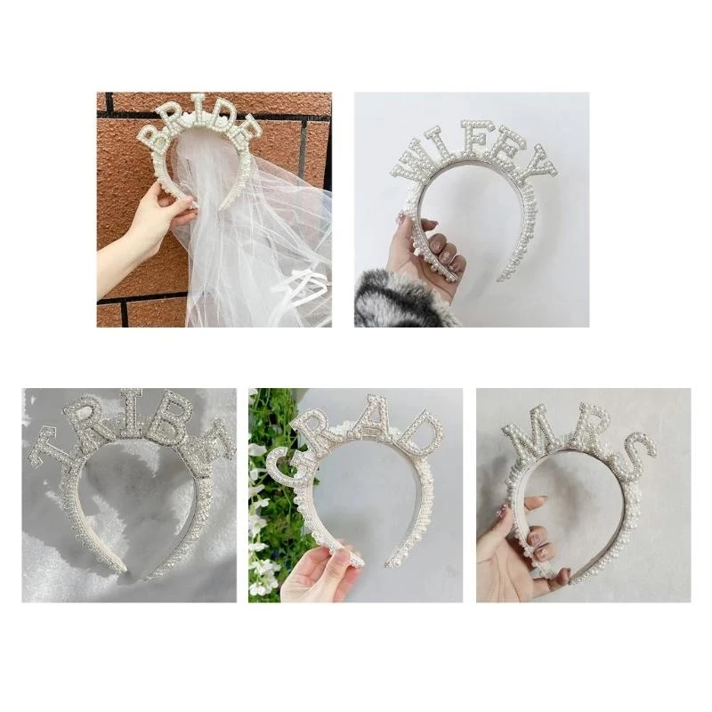 

652F Elegant Full Pearls Headband Princess Headpieces Pageant Prom Party Wedding Veil Bride to Be Short Tulle