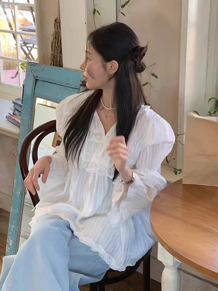 Chic Spring Sweetn V-ne Sa Design Loose Splicing Lace Long Sve Striped Chiffon irt Korean Sle Commute Faion