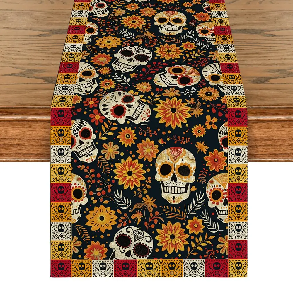 

Sugar Skull Yellow Daisy Day of The Dead Table Runner, Dia De Los Muertos Mexican Kitchen Dining Table Decoration for Home Party