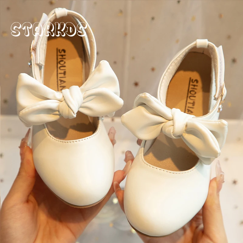 Kid Pump Shoes Girl Luxury Gold White Low Heel Dance Zapatos Child Fashion Bowknot Ankle Strap Mary Janes Wedding Party Footwear