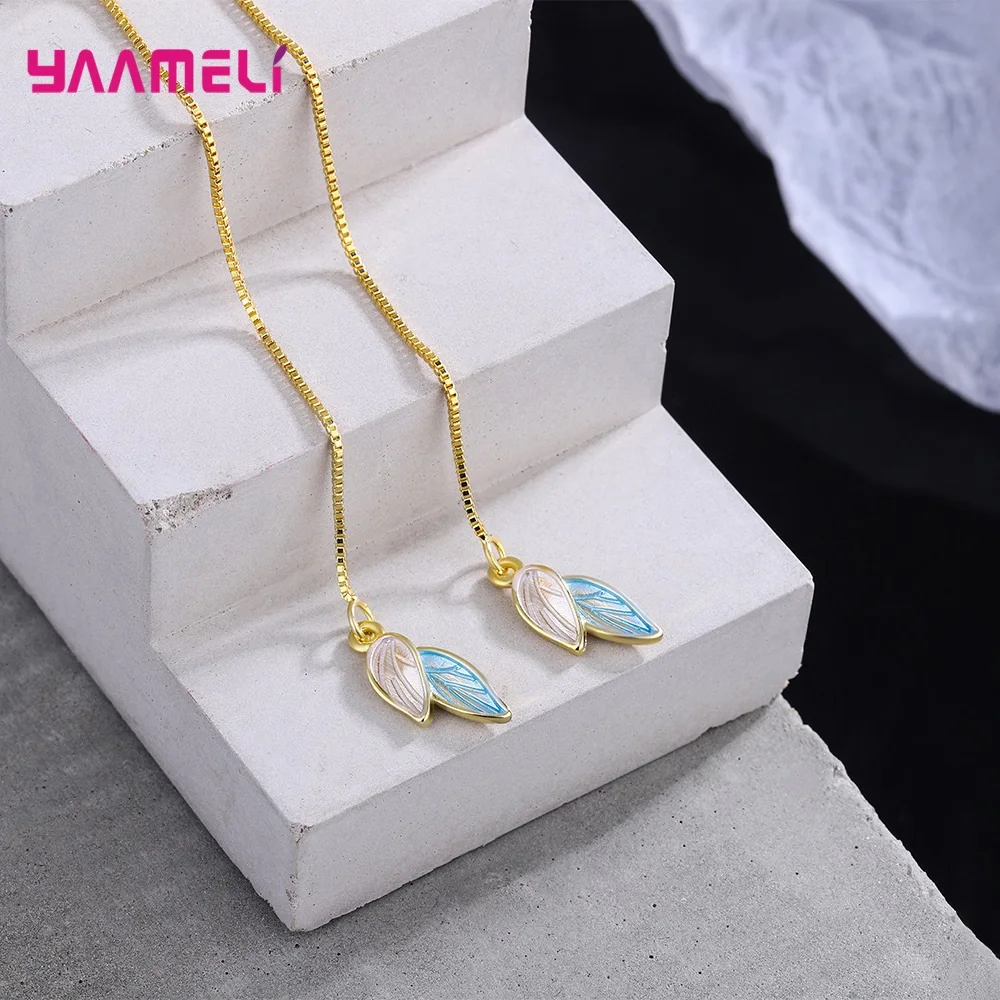 

Trendy 925 Sterling Silver Enamel Leaf Design Long Box Chain Drop Earrings for Women Girls Wedding Party Fashion Jewelry Gifts