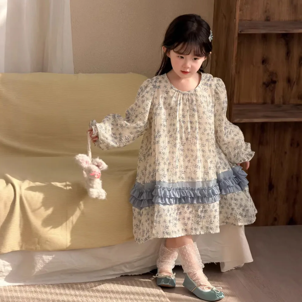 

Новое детское шифоновое платье с цветочным принтом для девочек, весна-лето 2026, в корейском стиле, с элементами пэчворка, для маленьких принцесс