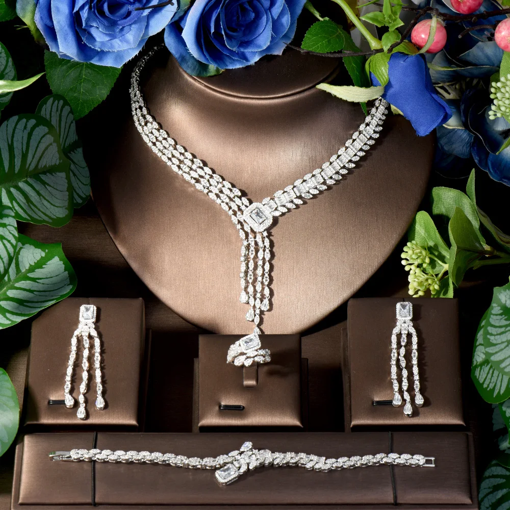 HIBRIDE Luxury Geometric Design Vintage Necklace and Earrings Cubic Zirconia Set New Wedding Party Dress JewelryS-243