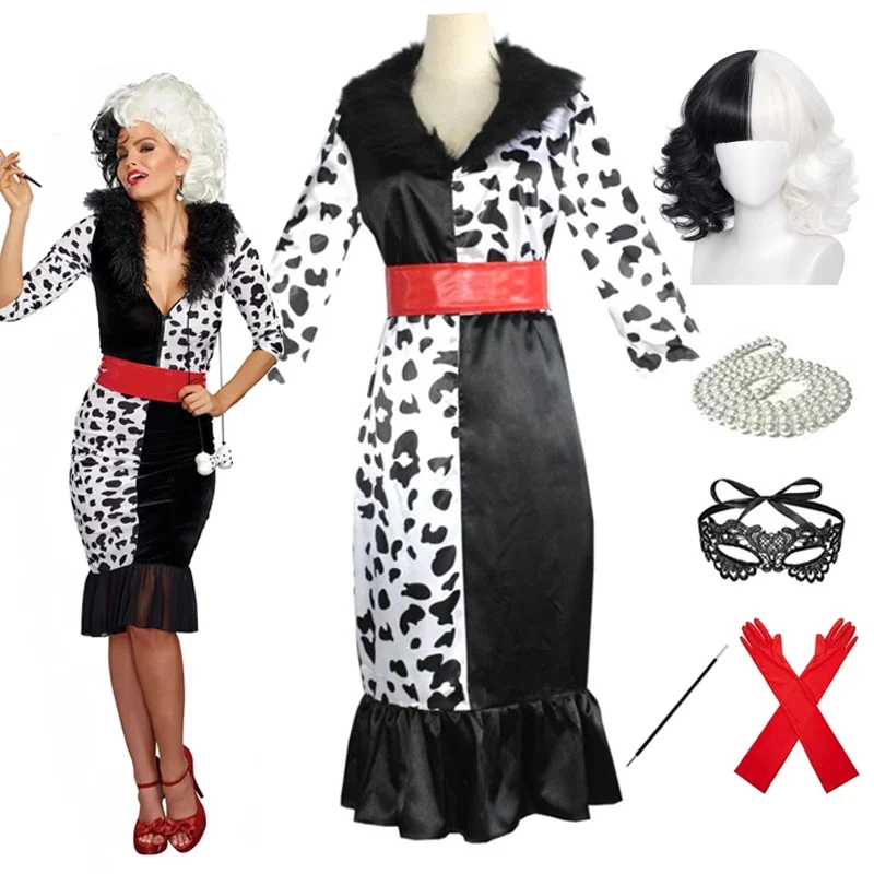 Meisjes Vrouwen Cruella Cosplay Volwassen Cruella De Vil Jurk Masker Ketting Dalmatische Kostuum Deville Jurk disfraz De Halloween