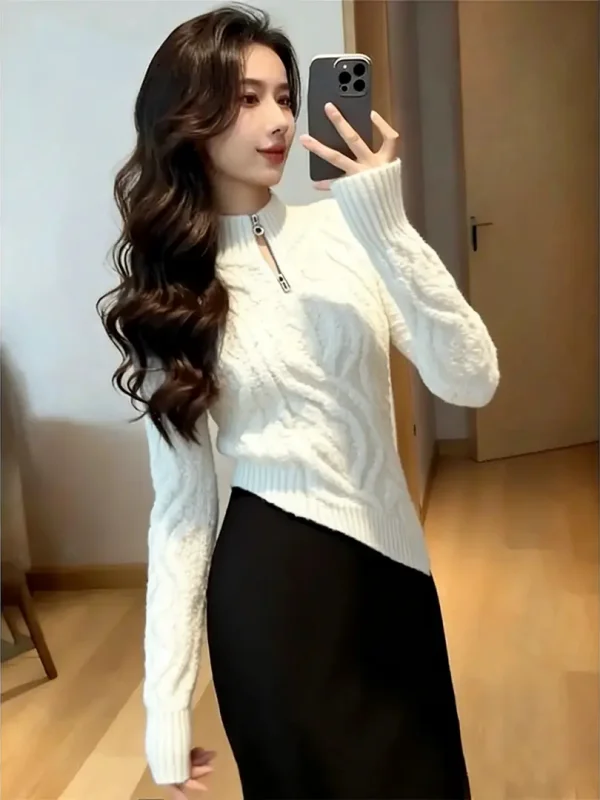

Chic White Asymmetrical Sweater Top Faionable Ele Winter 2025 French Sle Knitted Long Sve round Ne Warm Outerwear