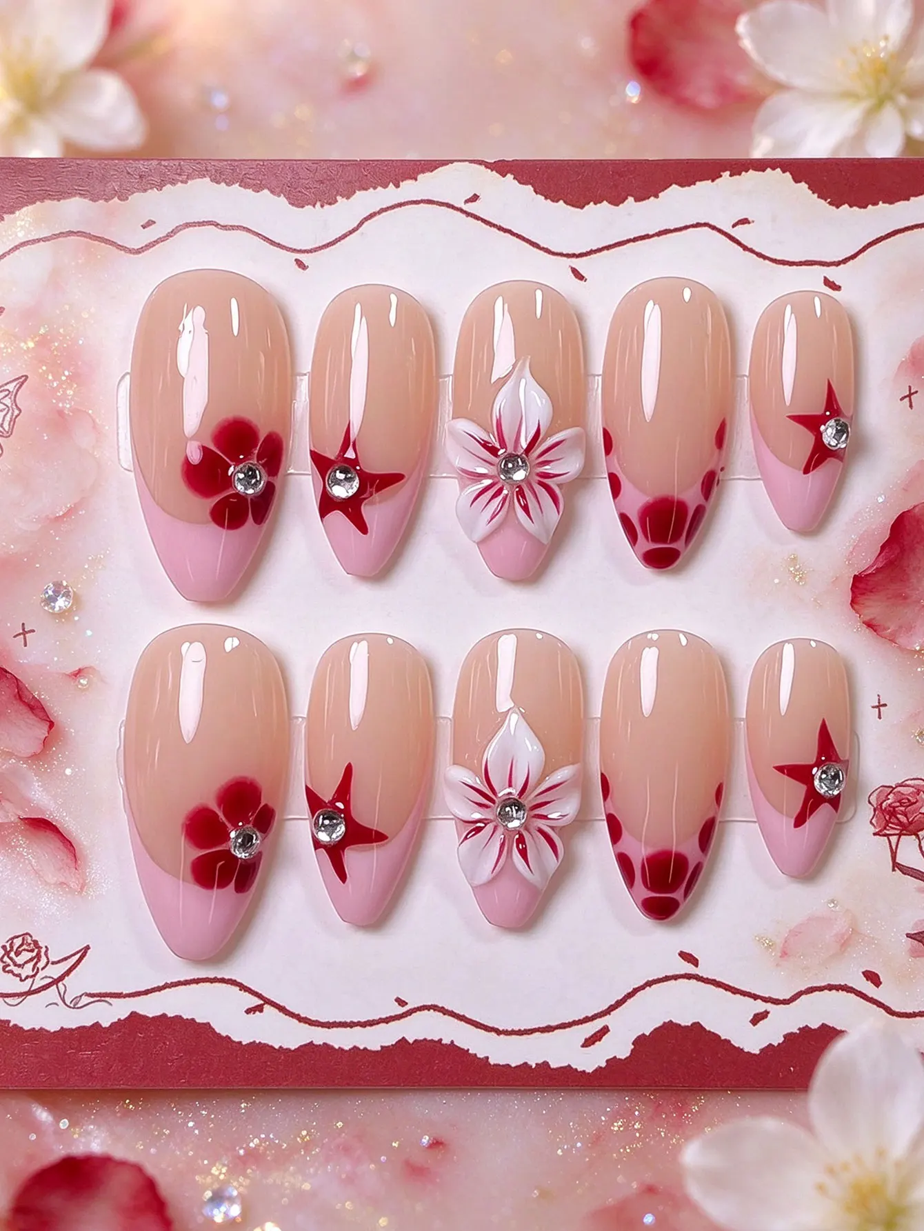 10‑Piece Pink French Magenta Crocodile‑Texture Hand‑Sculpted Flower Press‑On Nails, Suitable for Daily Life, Concerts and Light