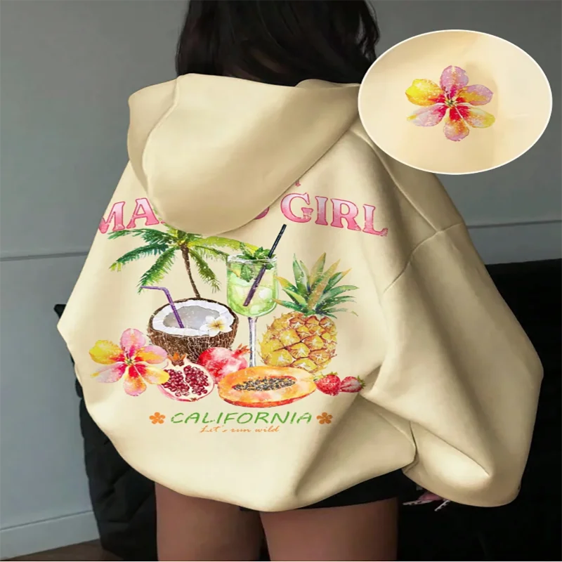 

Женская белая толстовка с капюшоном Malibu Girl California Fruit Graphic Print Oversized Fit Толстовка с капюшоном на шнурке Повседневная тропическая толстовка