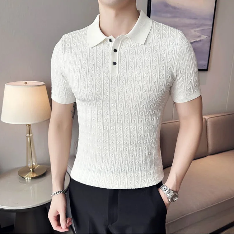 2024 Summer Jacquard Knitted Polo Shirt for Men Slim Fit Short Sleeve T-shirts Men Clothing Fashion Lapel Casual Business Tee