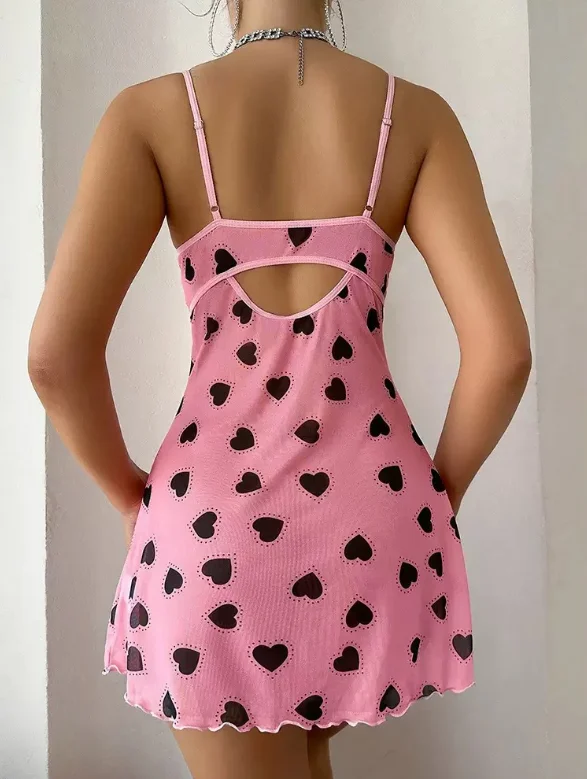 Women Pink Heart Print Mesh Slip Night Dress Lace Trim Bow Side Split Mini Nightgown Spaghetti Strap V Neck Sexy Lingerie Sleepw