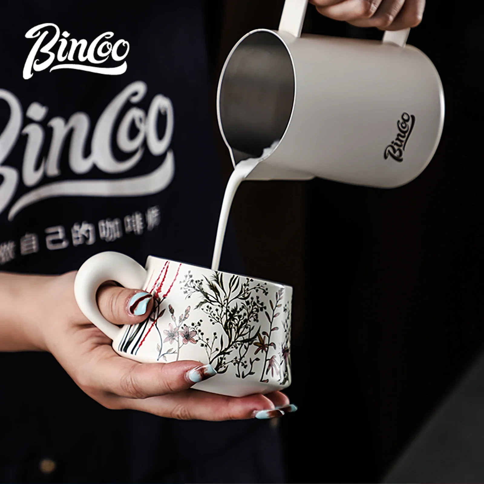 BINCOO 260ml Ceramic Coffee Cup with Saucer Set Cappuccino Cup Art Latte Espresso Mug for Afternoon Tea Home Barista Accessories - view 2