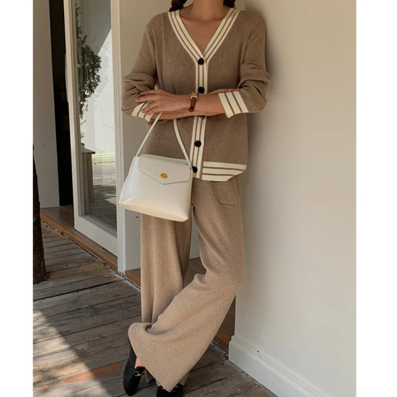 

Vintage Elegant Knitted Set Women Autumn Winter Single Breasted V Neck Sweater Cardigan Top and Wide Leg Pants Casual 2pcs Suit