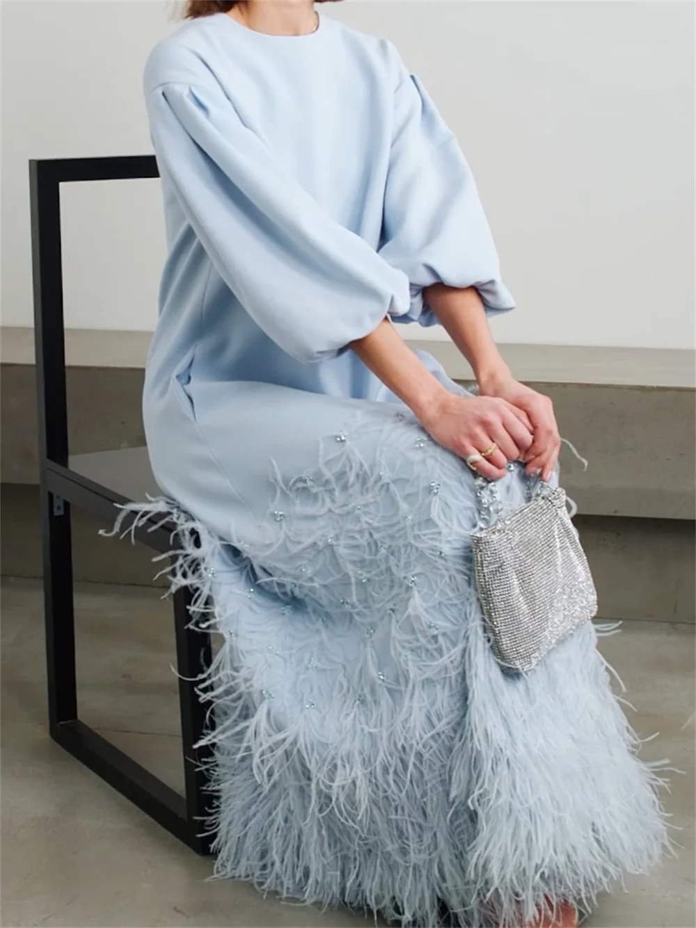 Bella Sky Blue O-neck Long Sleeves Feathers Prom Dress Elegant Ankle-length فساتين سهرة  Modest A-line vestidos de fiesta 2024