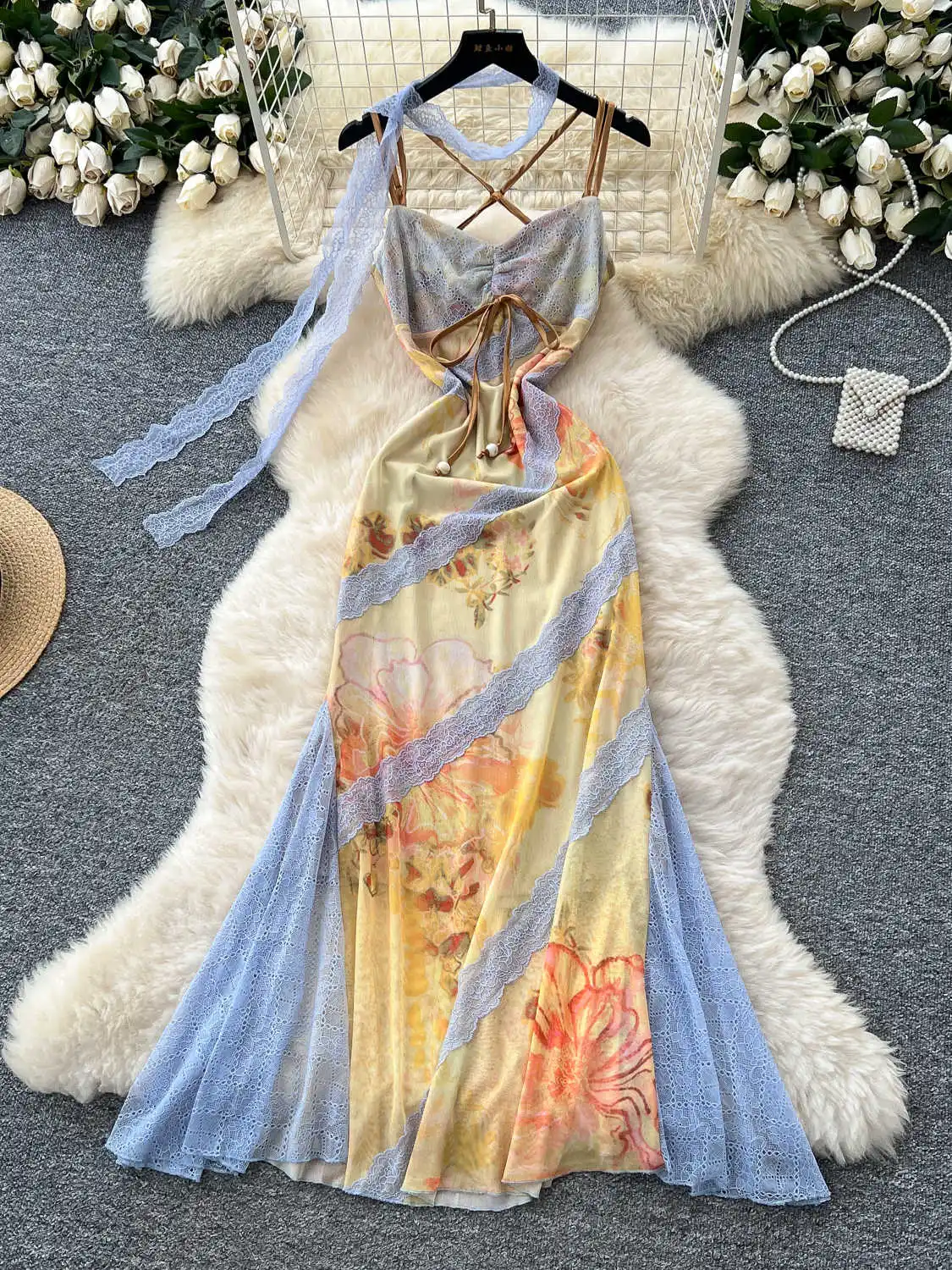 

Women Lace Patchwork Beach Dress Vintage Sundress Off Shoulder Holiday Long Dress Y2k One Piece Frocks 2000s Clothes Summer 2025