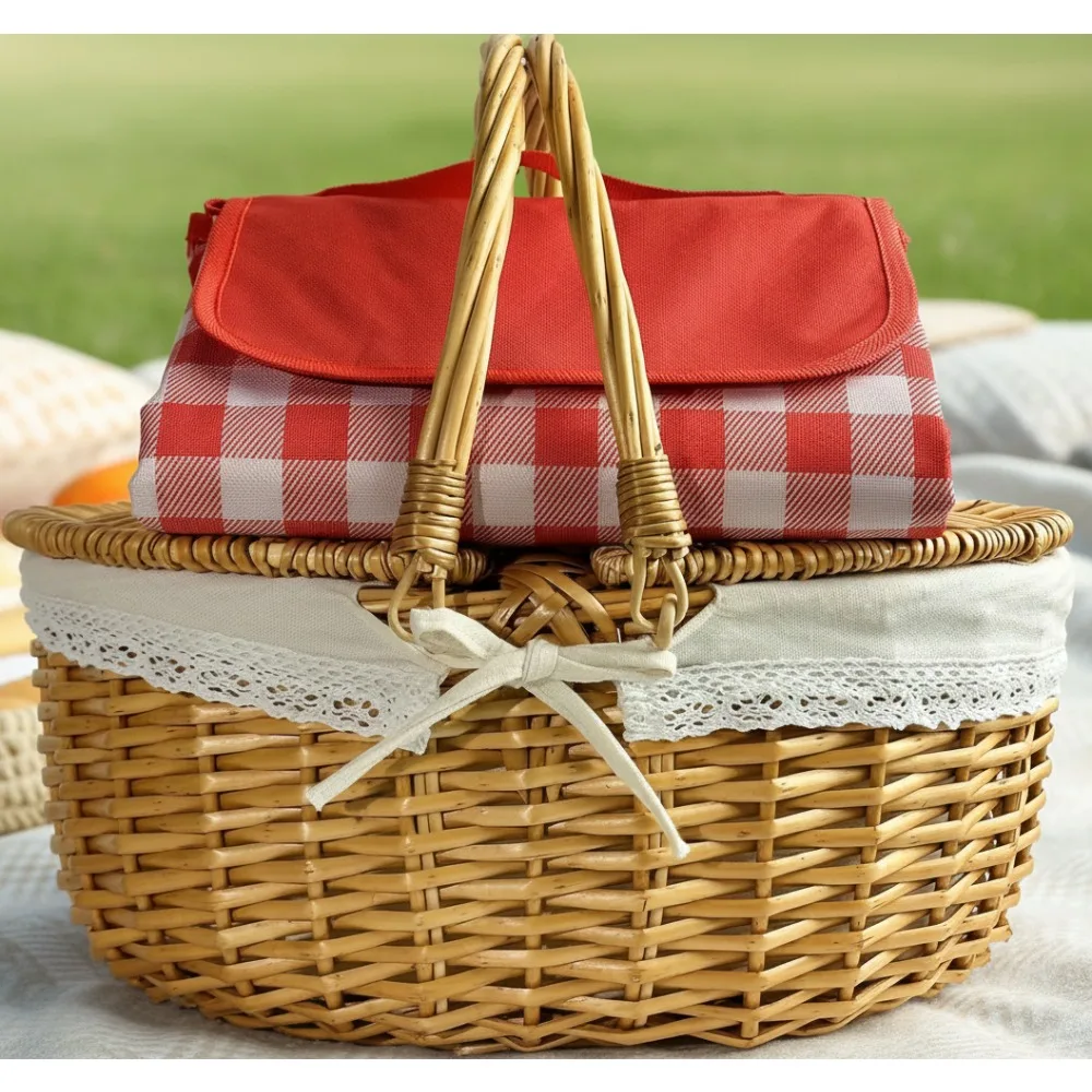 

Vintage Wicker Picnic Basket with Blanket, 15" Large Capacity Hamper for Outdoor Camping Family Picnics