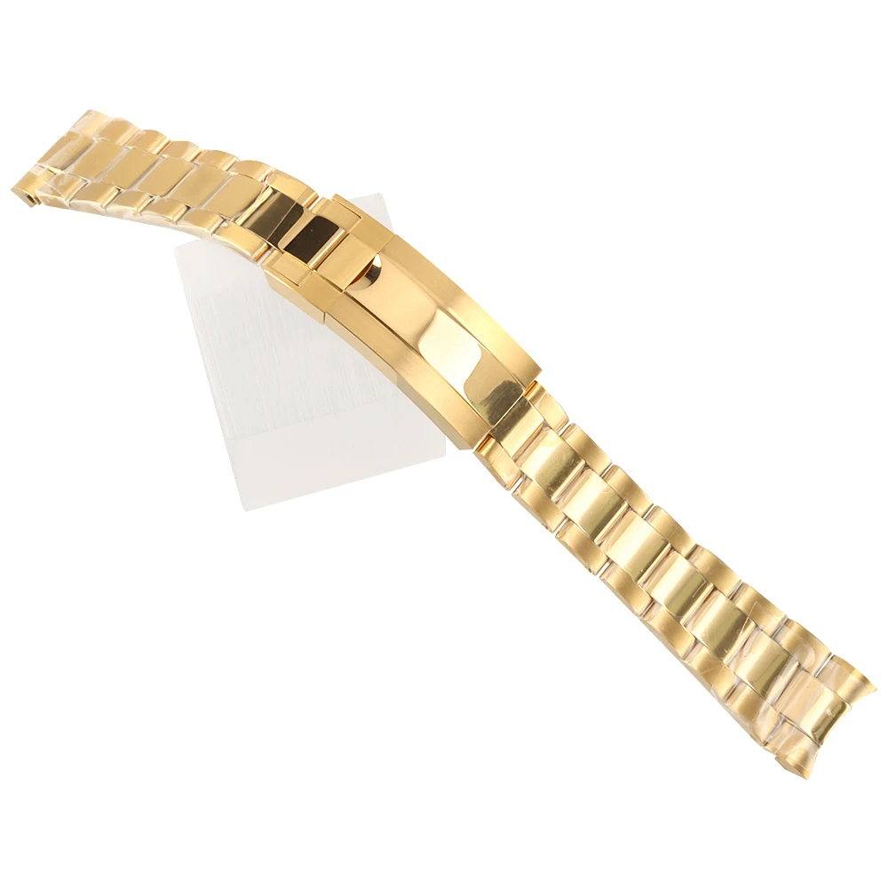 Gold 20mm Width Solid Stainless Steel Polish Oyster Bracelet For SUB Datejust Seiko NH35 NH36 Folding Buckle Watch Bracelet