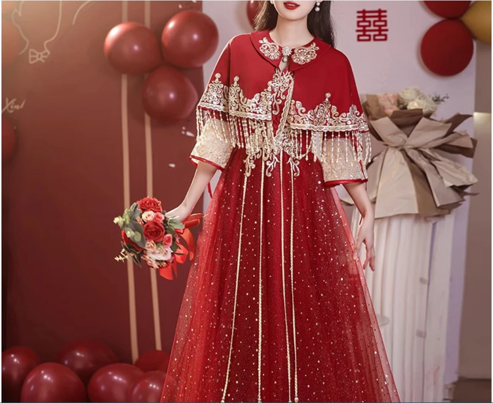 فستان توست للفتيات، العروس 2025 ربيع جديد الراقية فستان الزفاف الصيني بأكمام طويلة، فستان الزفاف، فستان Xiuhe الإناث