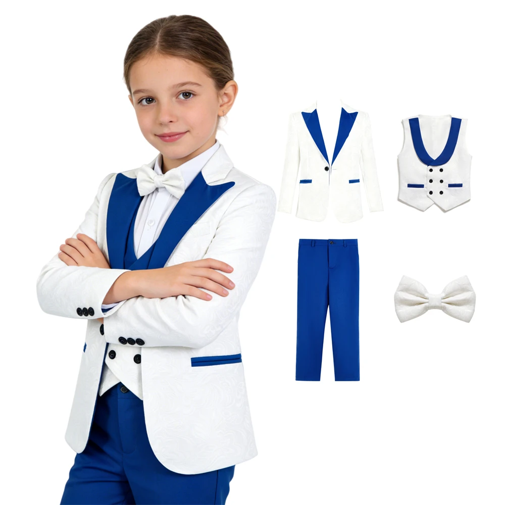 

Детский белый текстурированный смокинг с королевским синим шалевым воротником, комплект из 3 предметов с галстуком-бабочкой, для свадьбы, вечеринки, конкурса красоты, модный детский нарядный костюм