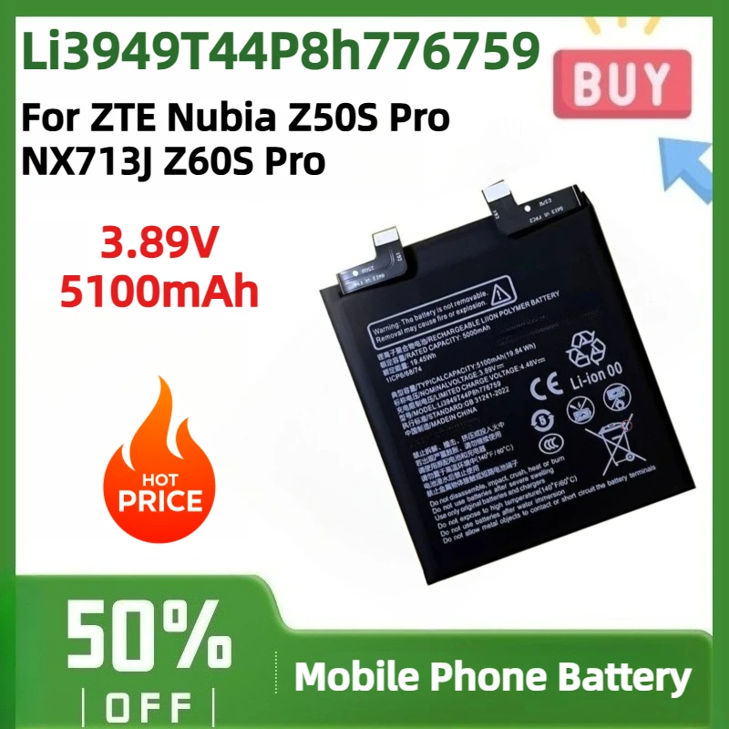 New Li3949T44P8h776759 5100mAh 3.89V Replacement Battery for ZTE Nubia Z50S Pro NX713J Z60S Pro Mobile Phone Battery