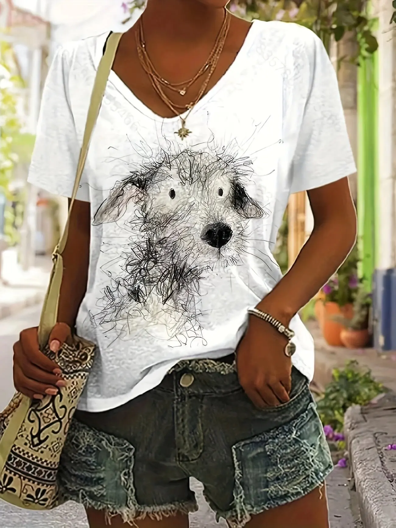Women's T-Shirt Animal Pattern Printing Fashion Casual Oversized High-Quality Tees V-Neck Women's Clothing Summer