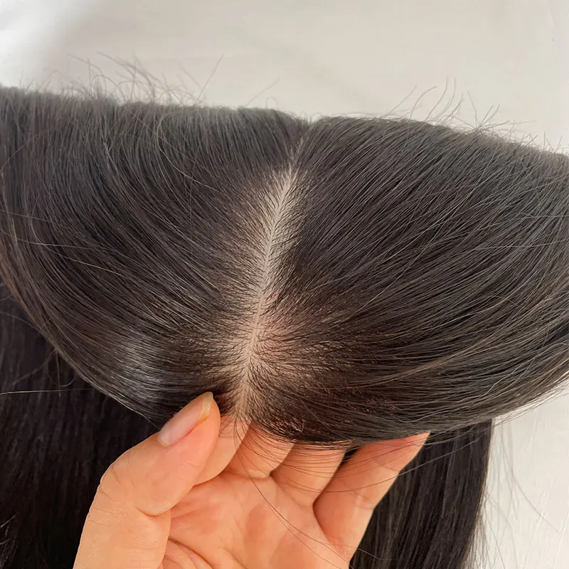 Clip in capelli con chiusura a Base di seta per le donne parte centrale Topper dritto capelli umani Clip sottile sulla parte superiore parrucchino