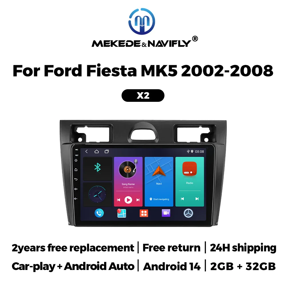 2Din  Stereo Android 14 Car Radio for Ford Fiesta Mk VI 5 Mk5 2002-2008 Audio Multimedia Video Player GPS Navigation Carplay